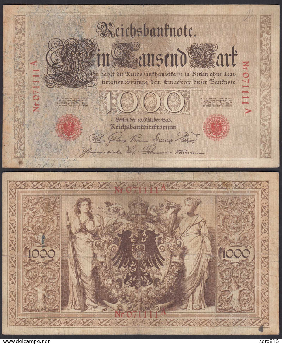 Ro 21 1000 Mark Reichsbanknote 10.10.1903  F (4) Pick 23 Udr B Serie A 6-st. - Otros & Sin Clasificación