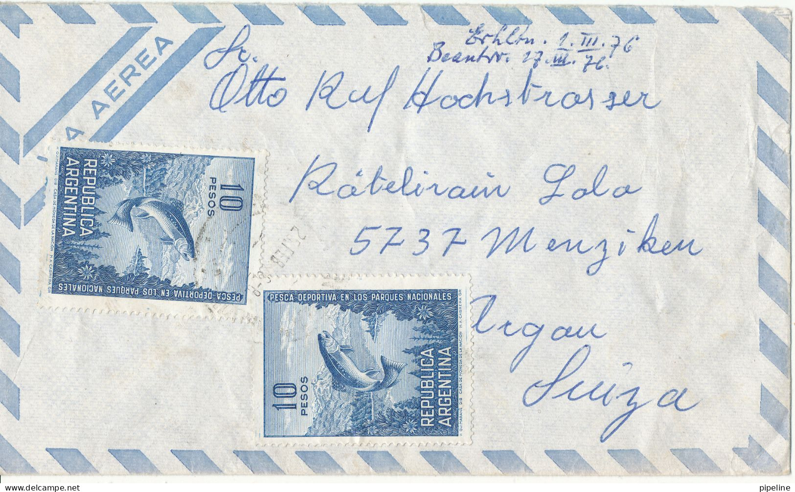 Argentina Air Mail Cover Sent  To Switzerland 25-2-1976 Topic Stamps FISH - Luftpost