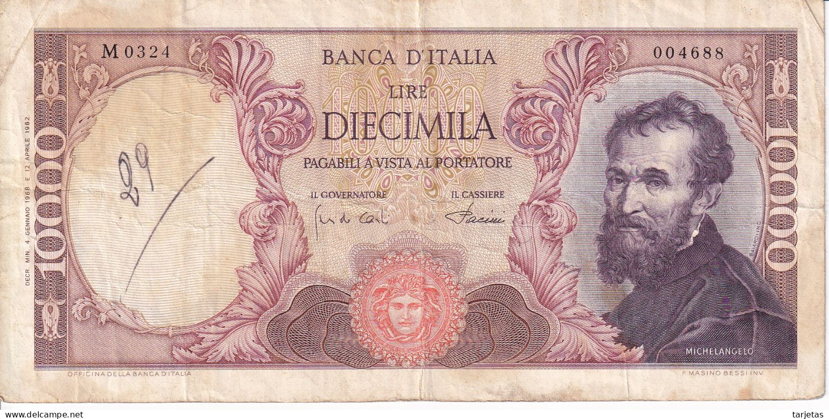 BILLETE DE ITALIA DE 10000 LIRAS DEL AÑO 1968 DE MICHELANGELO (BANKNOTE) - 10000 Liras