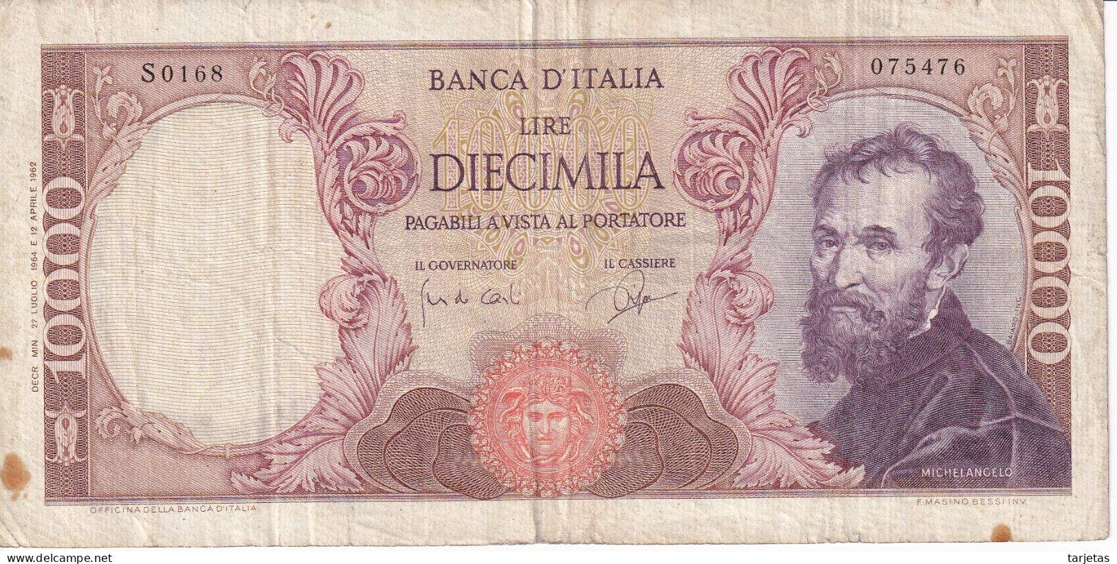 BILLETE DE ITALIA DE 10000 LIRAS DEL AÑO 1964 DE MICHELANGELO (BANKNOTE) - 10000 Liras