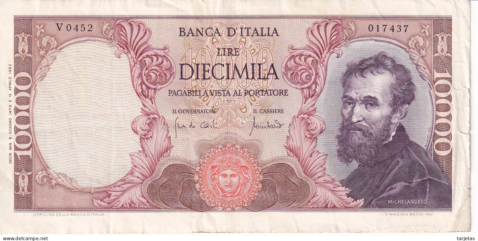 BILLETE DE ITALIA DE 10000 LIRAS DEL AÑO 1970 DE MICHELANGELO (BANKNOTE) - 10000 Liras