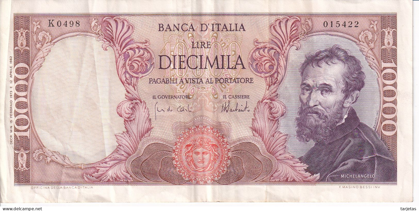 BILLETE DE ITALIA DE 10000 LIRAS DEL AÑO 1973 DE MICHELANGELO (BANKNOTE) - 10000 Lire