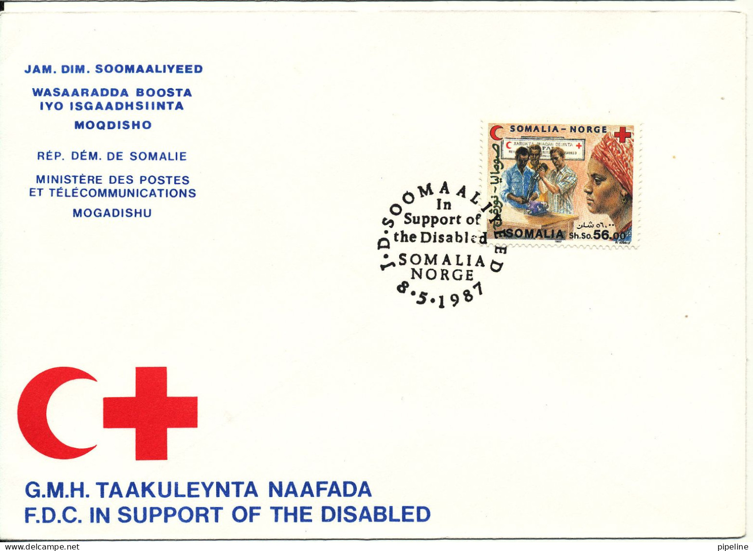 Somalia FDC 8-5-1987 RED CROSS Joint Issue With Norway With Cachet - Somalia (1960-...)