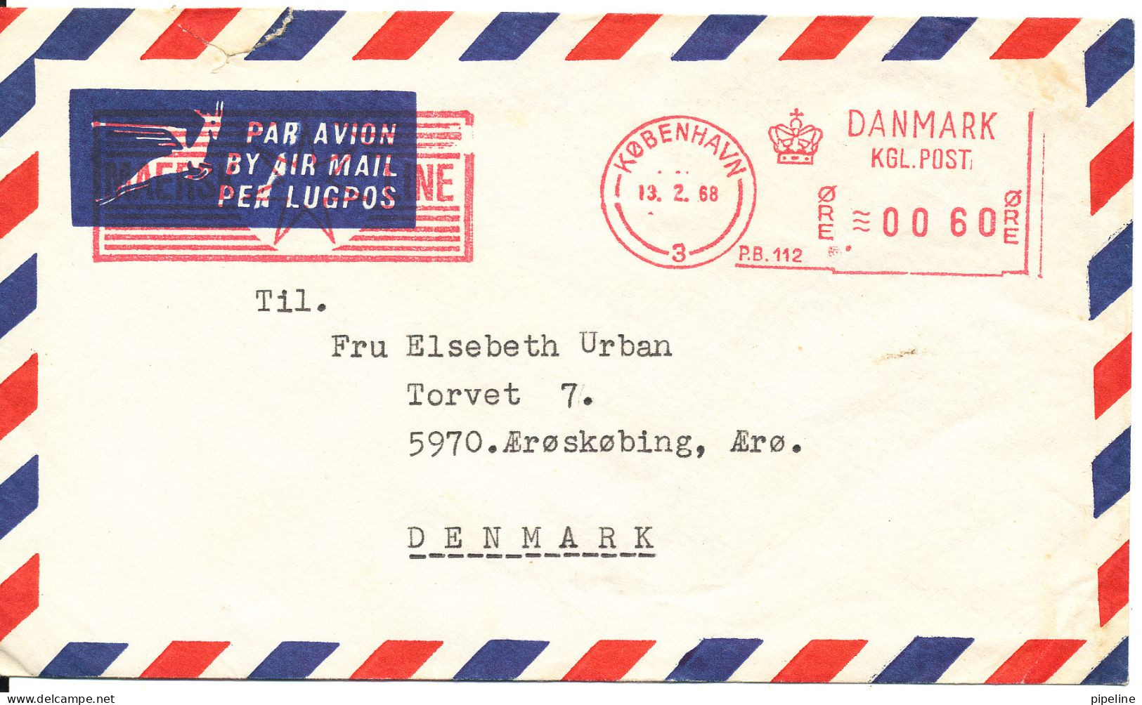 Denmark Air Mail Cover With Meter Cancel Copenhagen 13-2-1968 Maersk Line - Airmail