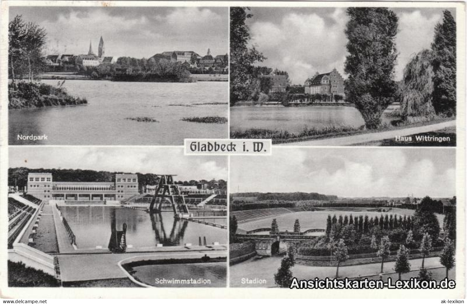 Gladbeck Mehrbildkarte: Nordpark, Haus Wittringen, Schwimmstadion, Stadion 1955  - Gladbeck
