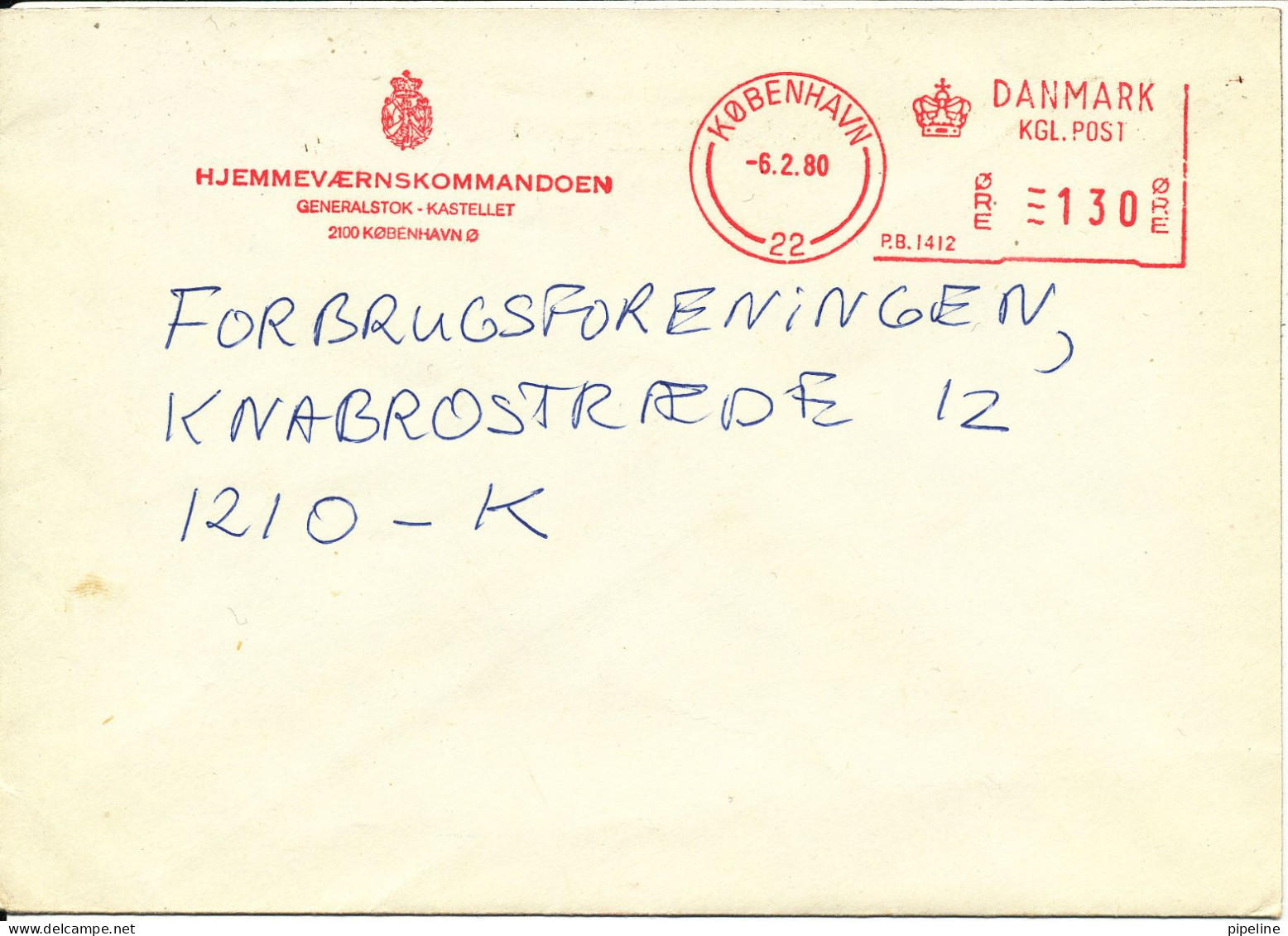 Denmark Cover With Meter Cancel Copenhagen 6-2-1980 (Hjemmevaernskommandoen Kastellet) - Storia Postale