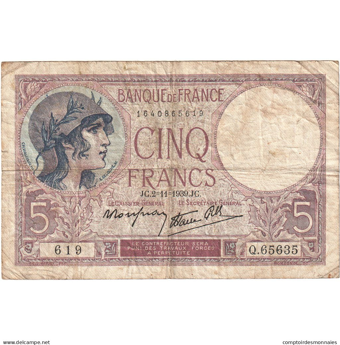 France, 5 Francs, Violet, 1939, Q.656335, TB, KM:83 - 5 F 1917-1940 ''Violet''