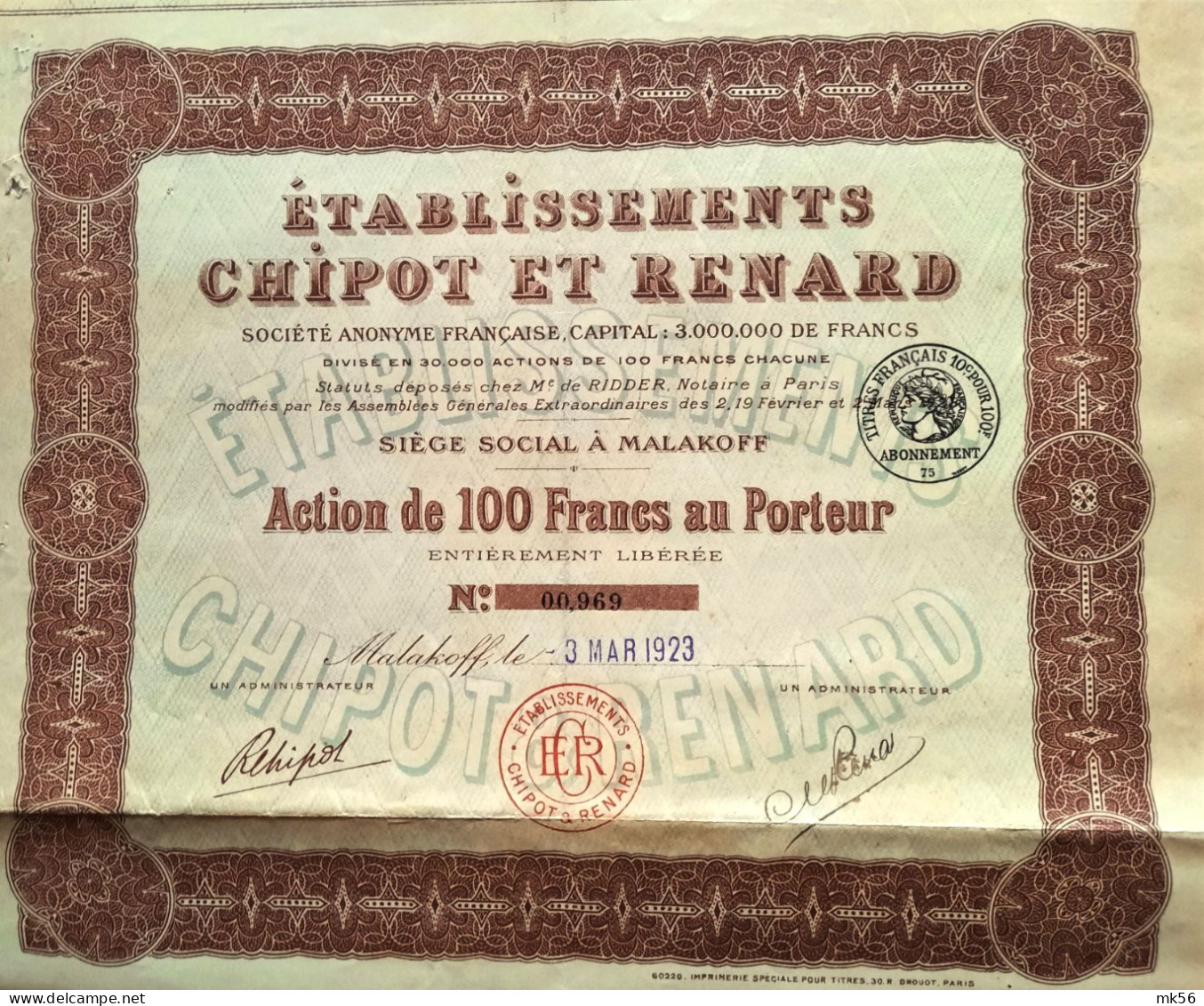 Etablissements Chipot Et Renard - Malakoff - 1923 - Action Au Porteur - Agriculture