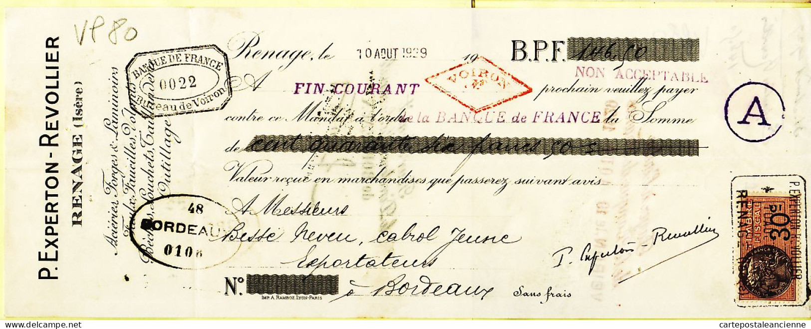31298 / RENAGE 38-Isère Acièrie Forge Outil EXPERTON REVOLLIER Mandat Timbre Fiscal 1929 à BESSE NEVEU CABROL JEUNE - Cheques & Traveler's Cheques