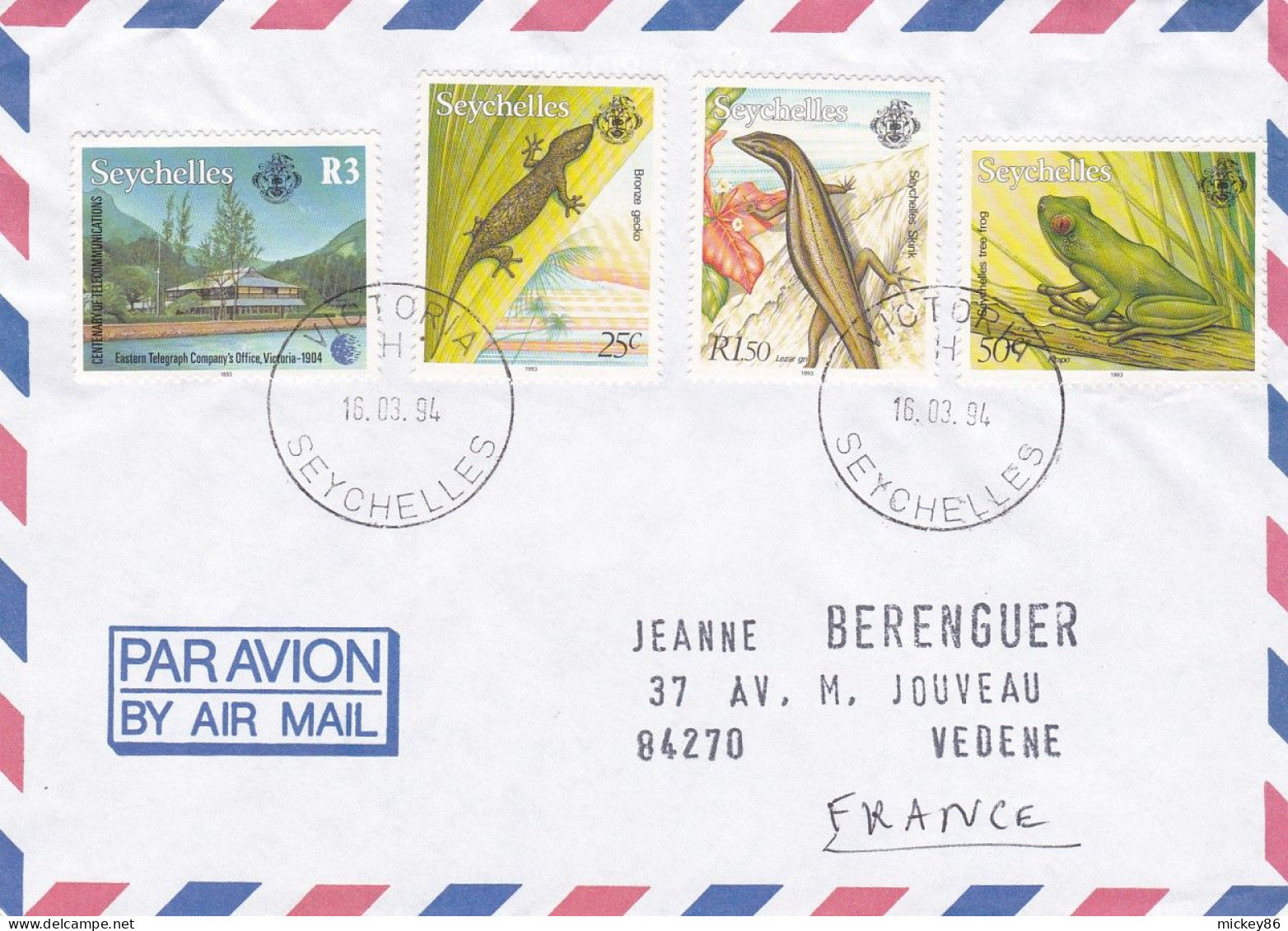 SEYCHELLES-1994-Lettre De VICTORIA Pour VEDENE-84 (France) --Composition De Timbres (lézards,grenouille)....cachet - Seychellen (1976-...)