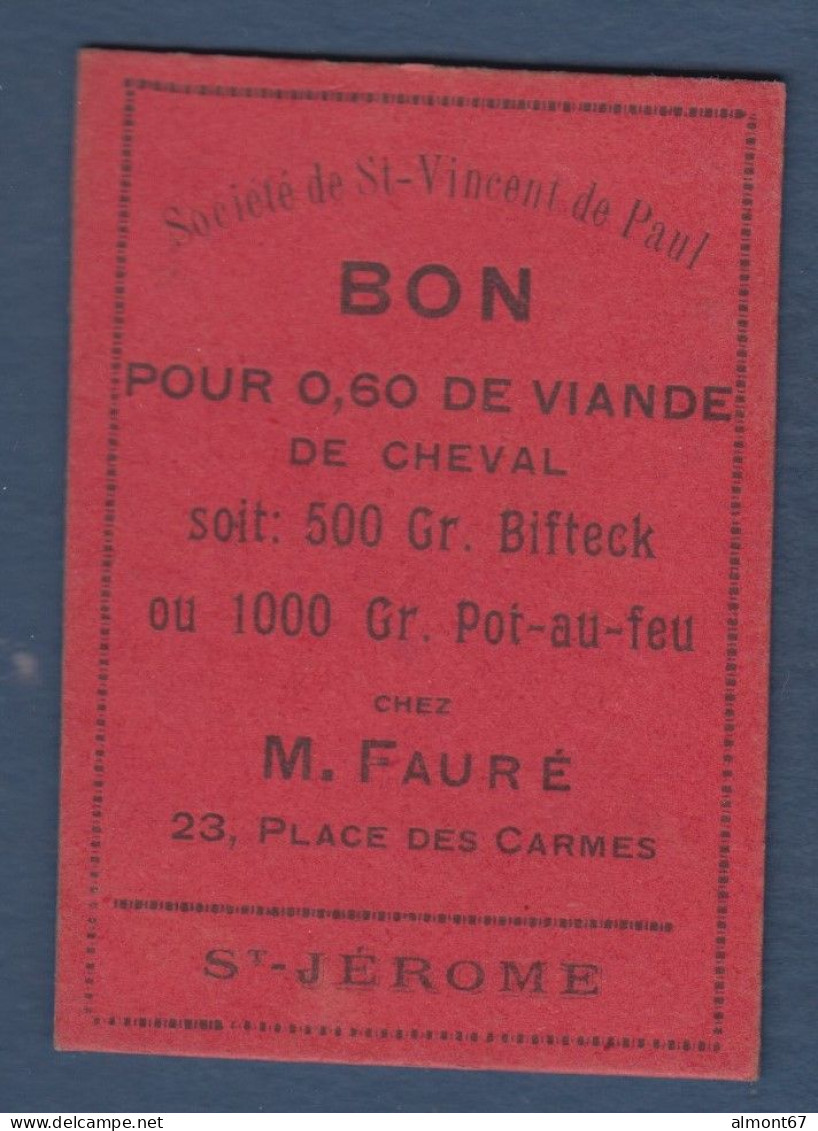 Toulouse - Sté St Vincent De Paul - Bon Pour 0,60 De Viande De Cheval - Bons & Nécessité