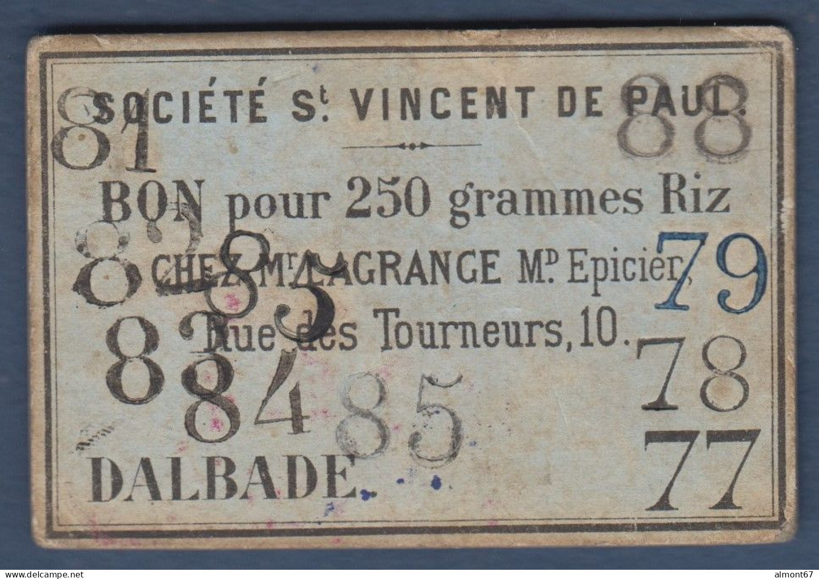 Toulouse - Sté St Vincent De Paul - Bon Pour 250 Grammes Riz - Bonos