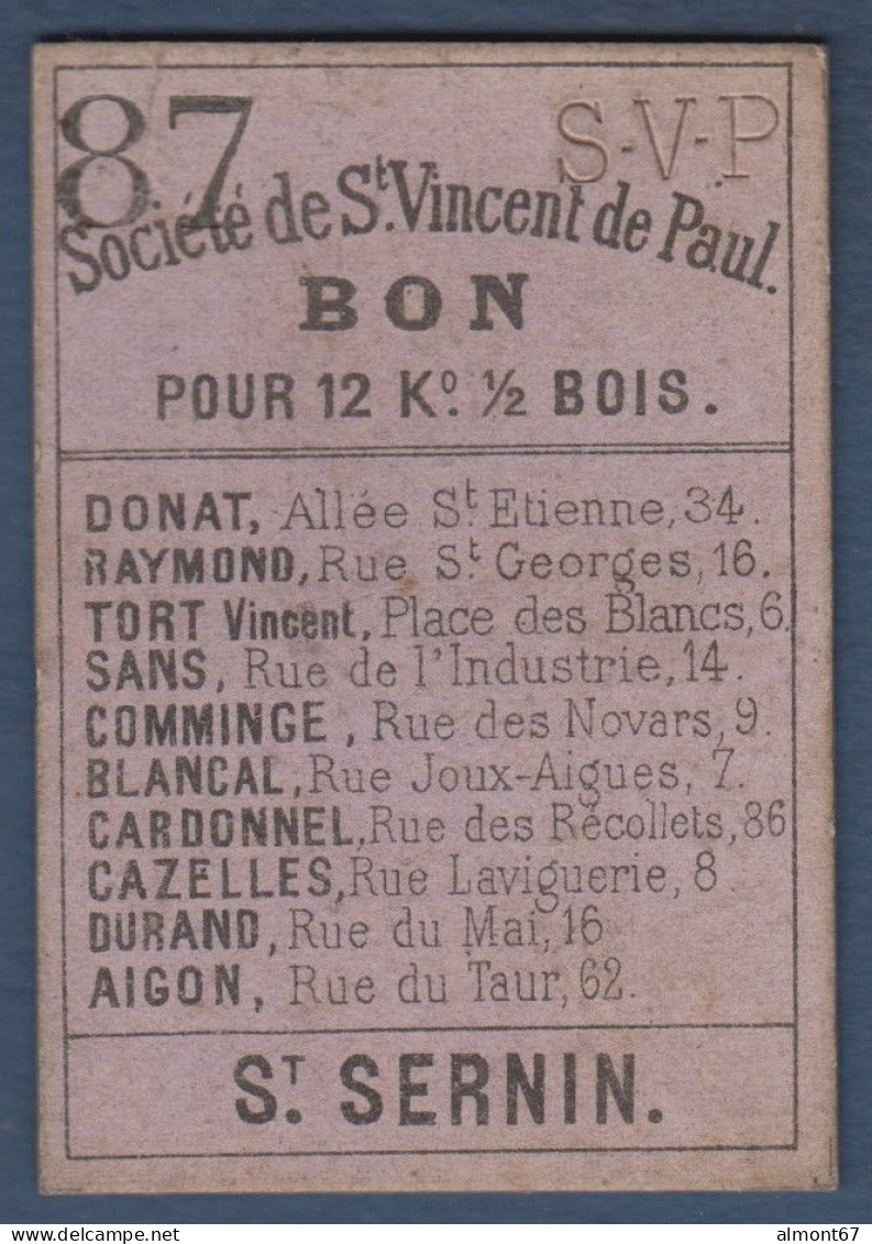 Toulouse - Sté St Vincent De Paul - Bon Pour 12K° 1/2  Bois - Bons & Nécessité