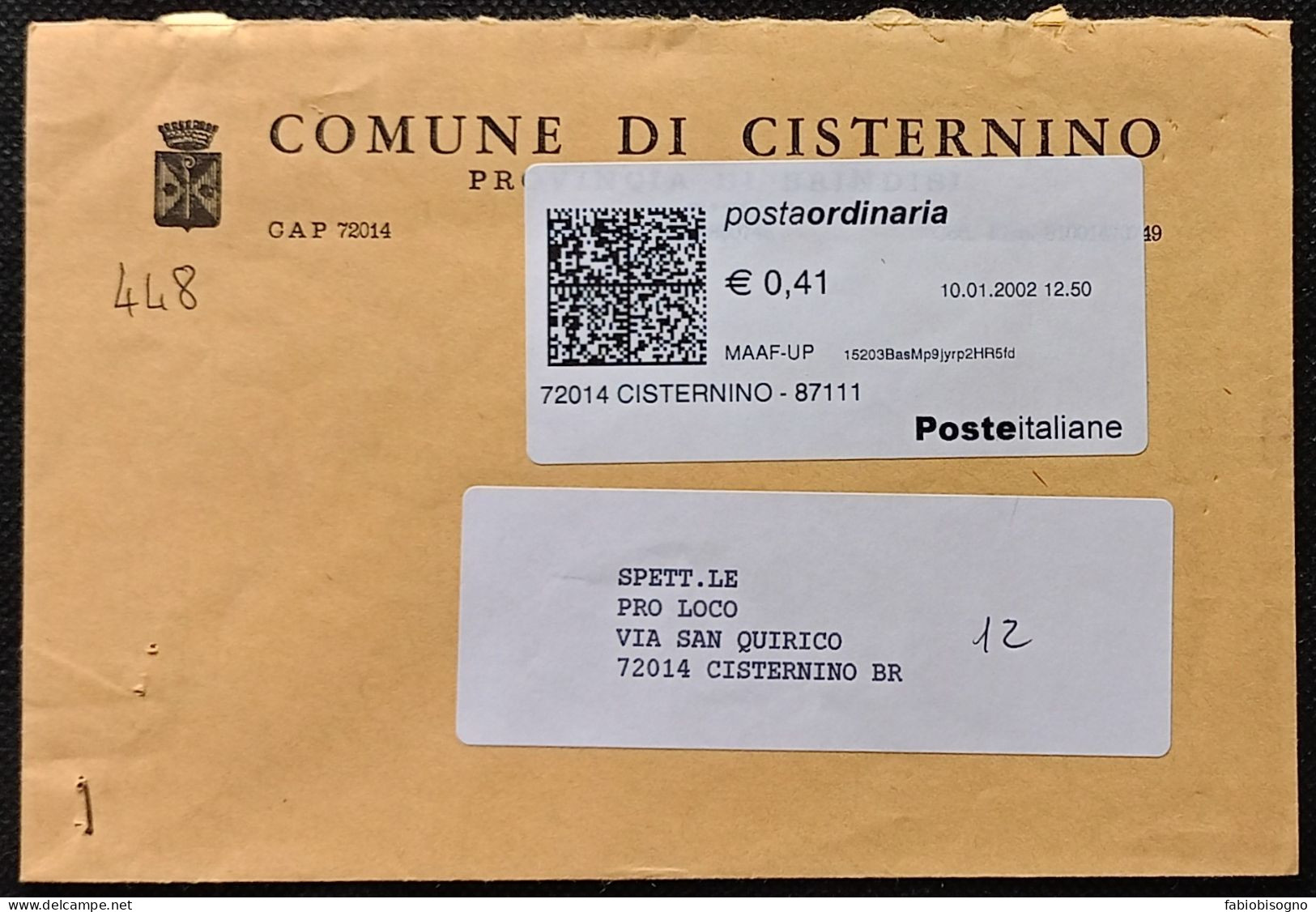 Comune Di Cisternino 10.01.2002 -  TPlabel € 0,41 (catalogo TP3.A.000) - 2001-10: Storia Postale