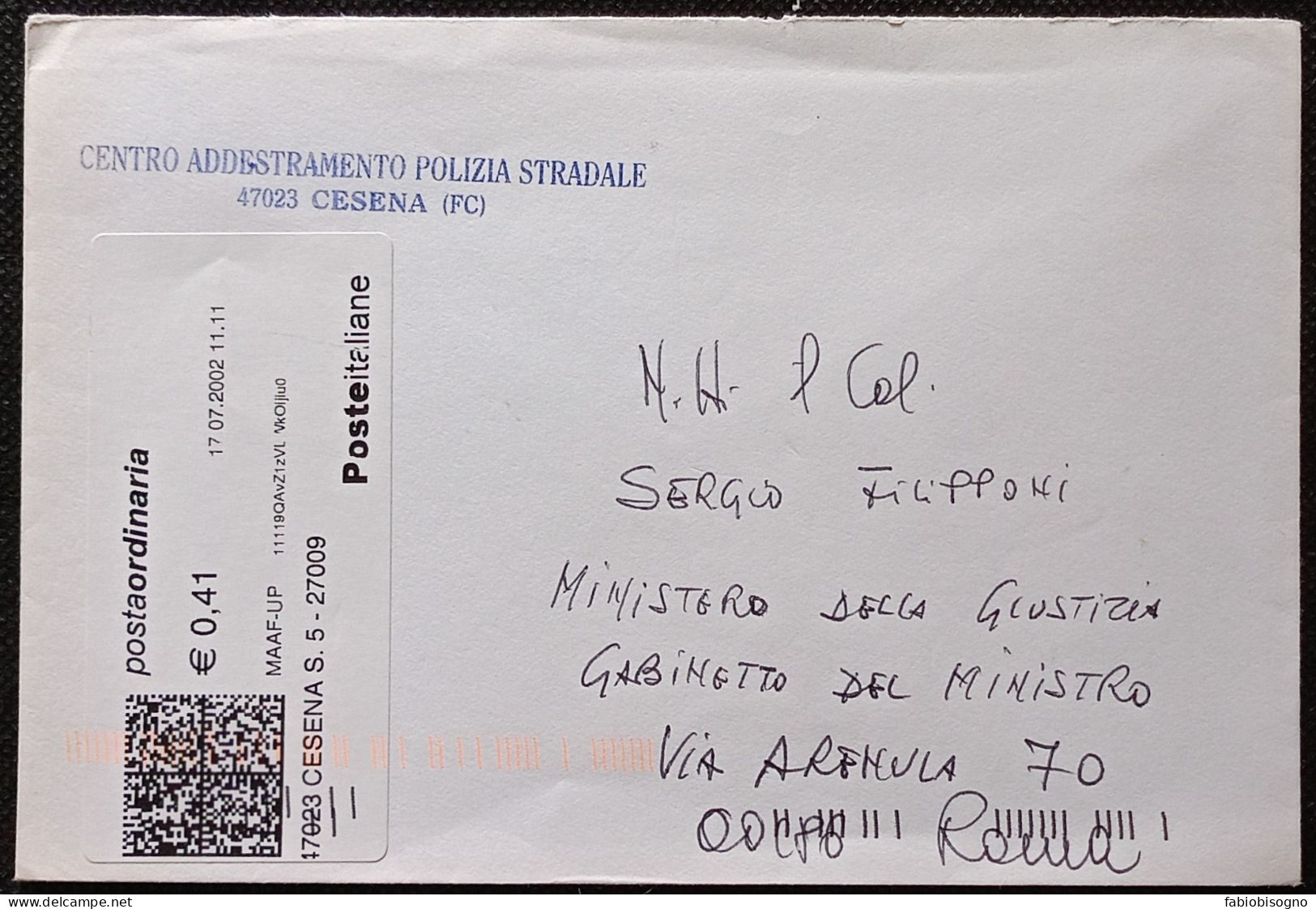 Centro Addestramento Polizia Stradale Cesena 17.07.2002 -  TPlabel € 0,41 (catalogo TP3.A.000) - 2001-10: Storia Postale