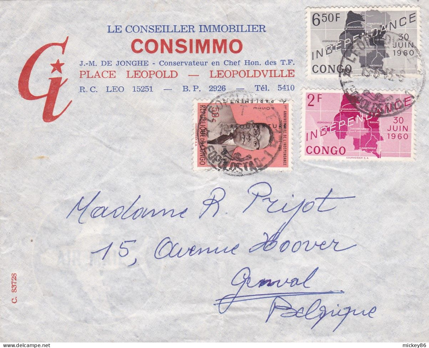 CONGO --1963--Lettre De LEOPOLDVILLE Pour GENVAL (Belgique)...timbres ..cachets  16-6-63...CONSIMMO - Covers & Documents