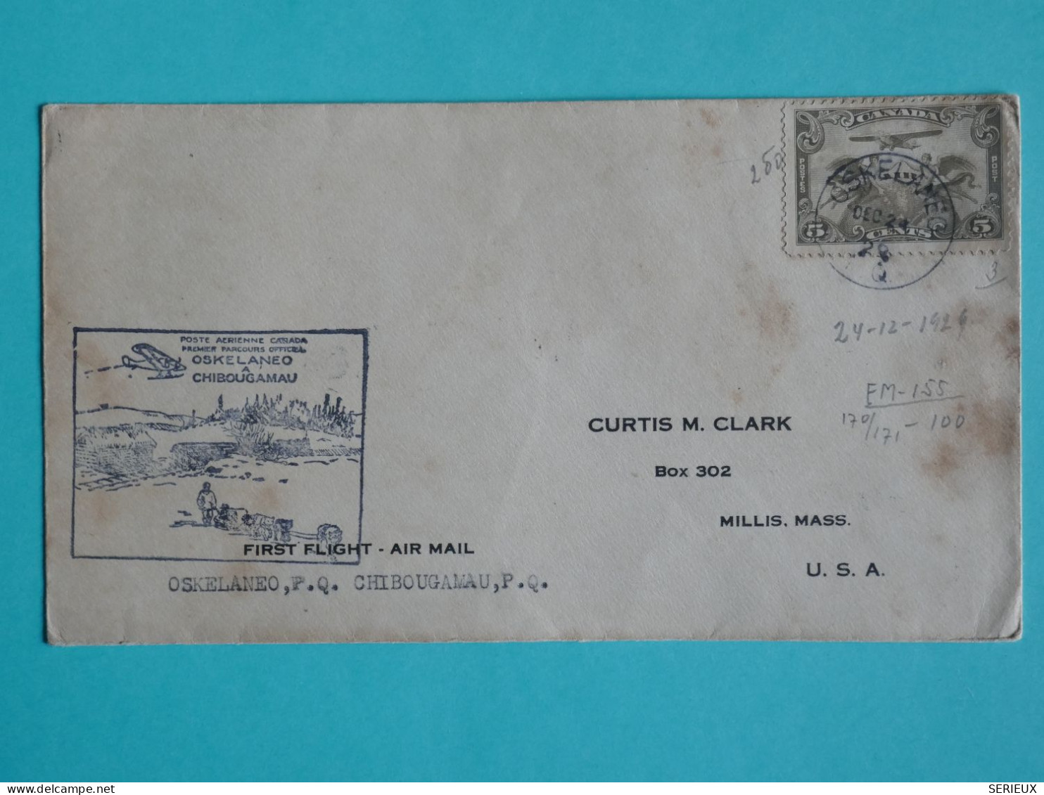 DJ 20  CANADA    BELLE  LETTRE 1ST FLIGHT   1929 PETIT BUREAU OSKELANEO A MILLIS. USA +AFF. INTERESSANT++ ++ - Poste Aérienne