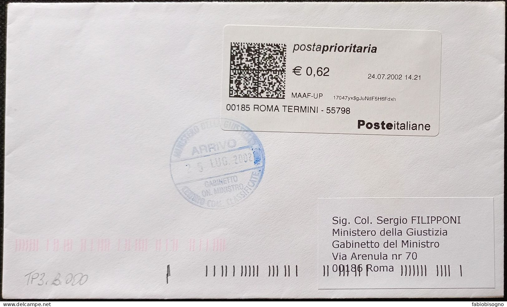 Roma Termini 27.07.2002 - TPlabel Postaprioritaria € 0,62 (catalogo TP3.B.000) - 2001-10: Storia Postale
