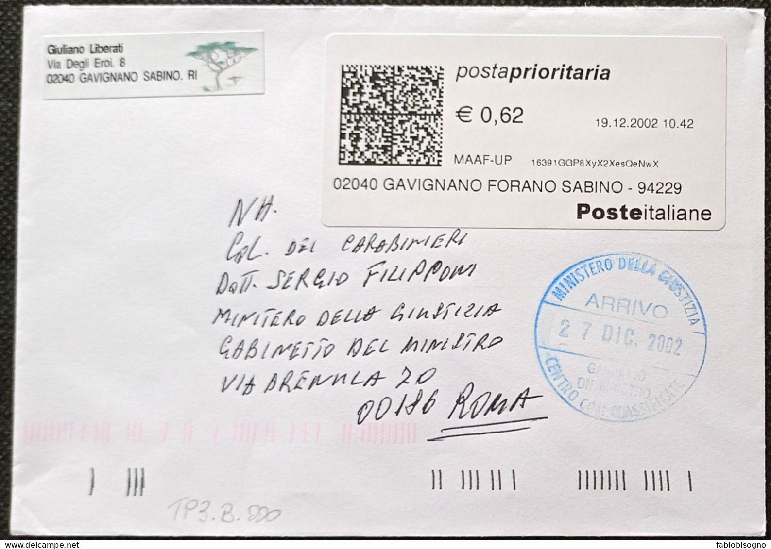Gavignano Forano Sabino 27.07.2002 - TPlabel Postaprioritaria € 0,62 (catalogo TP3.B.000) - 2001-10: Storia Postale