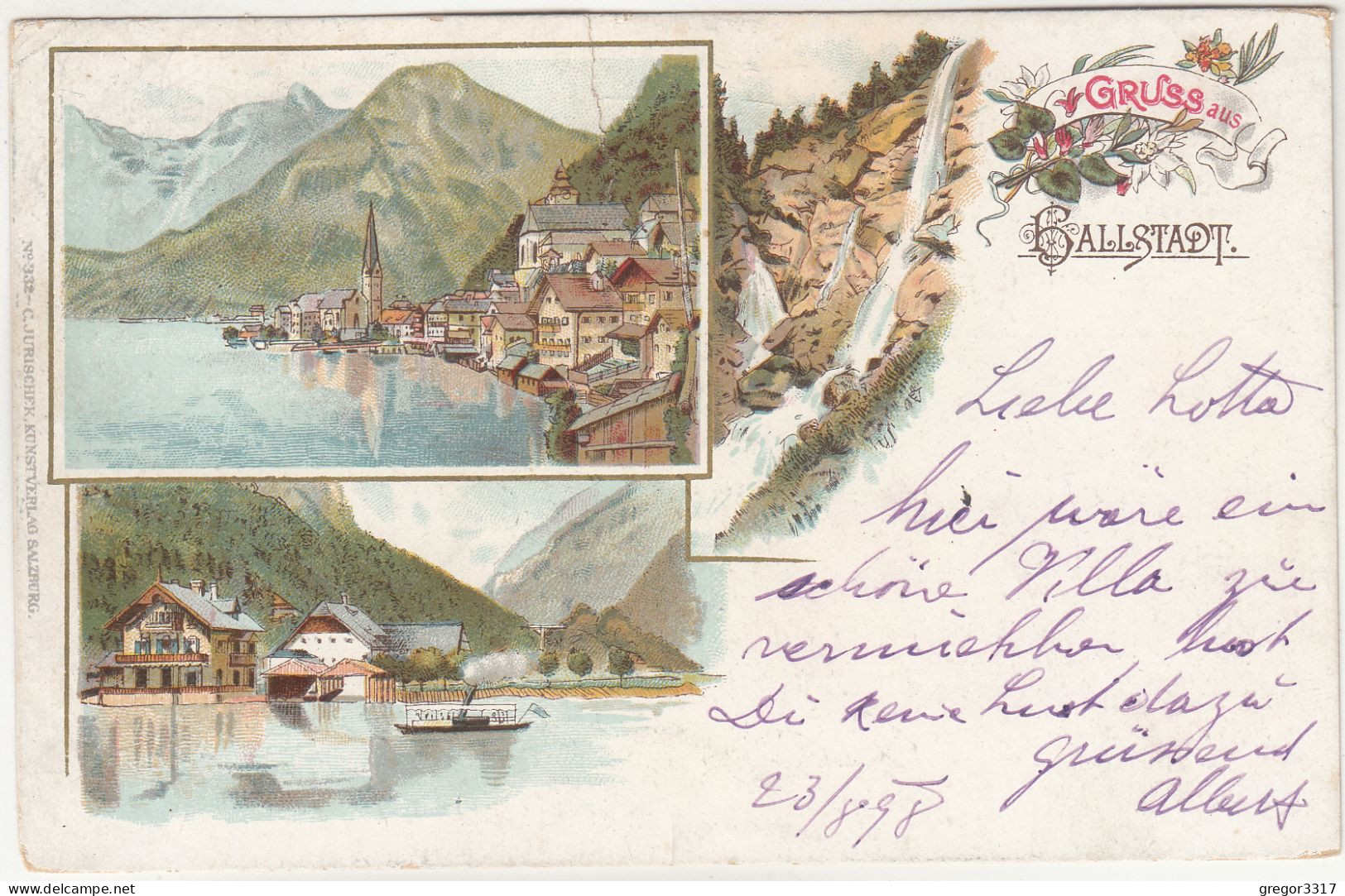 E4899) GRUSS Aus HALLSTADT - Hallstatt - LITHO Schiff Wasserfall Häuser 1898 - Hallstatt