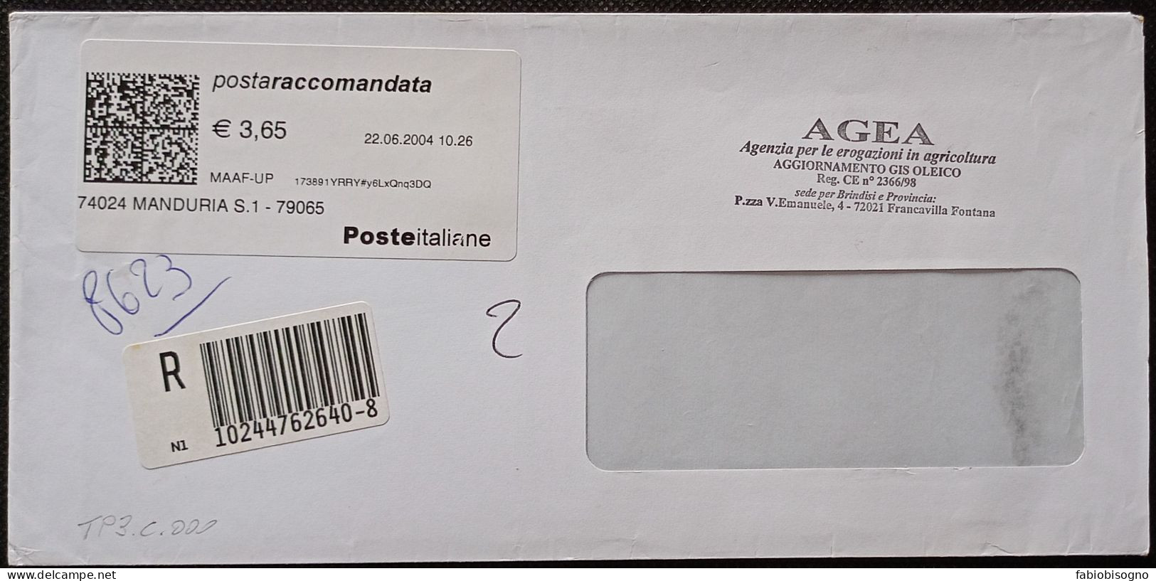Manduria 22.06.2004 - TPlabel Postaraccomandata € 3,65 (catalogo TP3.C.000) - 2001-10: Storia Postale