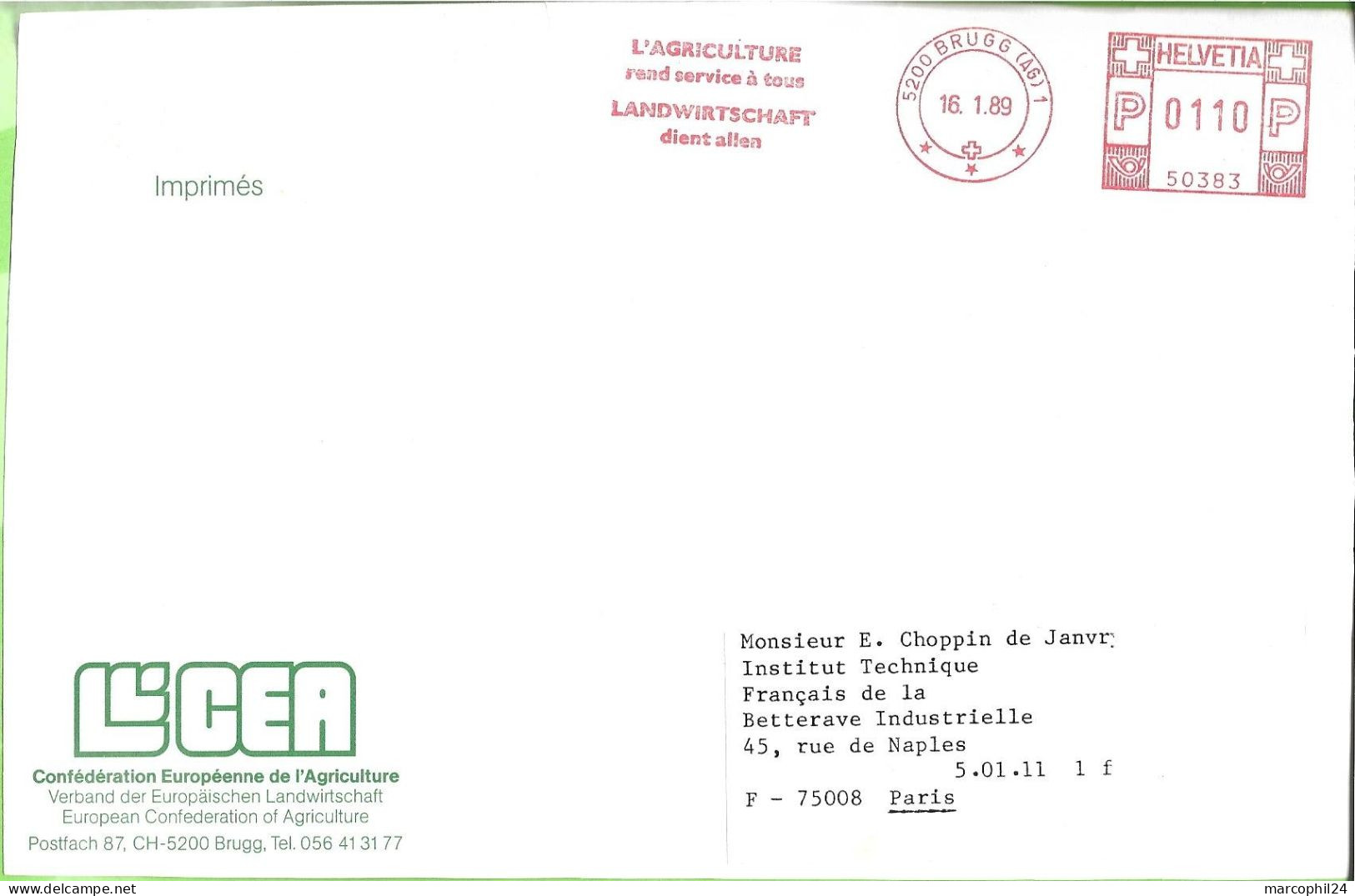 BRUGG 1989 =FLAMME ROUGE EMA 'L' AGRICULTURE Rend Service à Tous' - HELVETIA - Confédération Européenne De L'Agriculture - Postage Meters