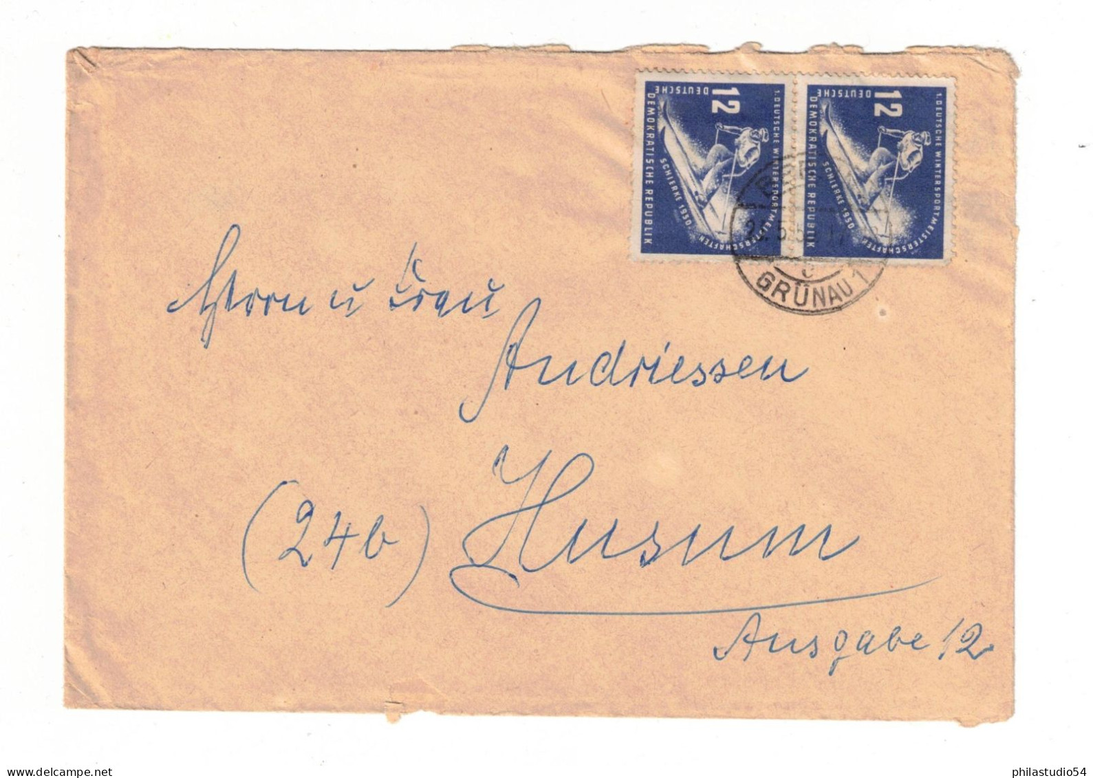 1951, 12 Pf. Wintersportmeisterschaften Im Senlrechten Paar Auf Fernbrief Ab Berlin - Lettres & Documents