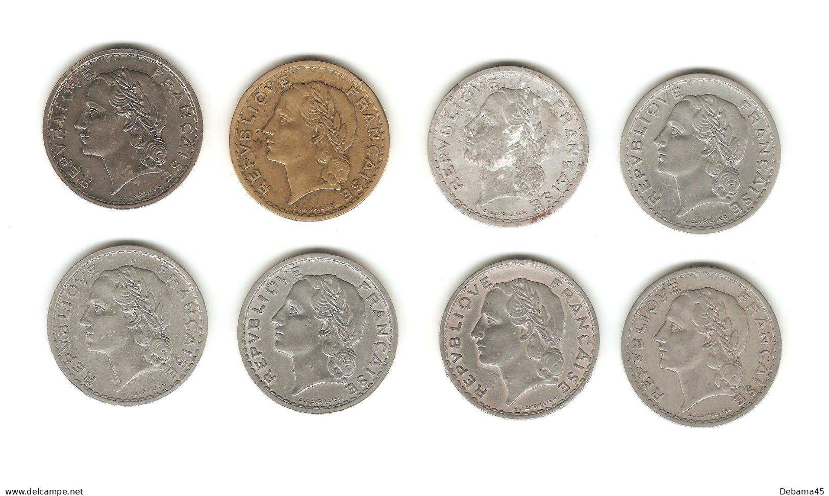 568/ France : 8 X 5 Francs LAVRILLIER : 1935 (nickel) - 1945 - 1946 (alu Et Cup-alu) - 1947 B - 1949 - 1949 B - 1950 - 5 Francs