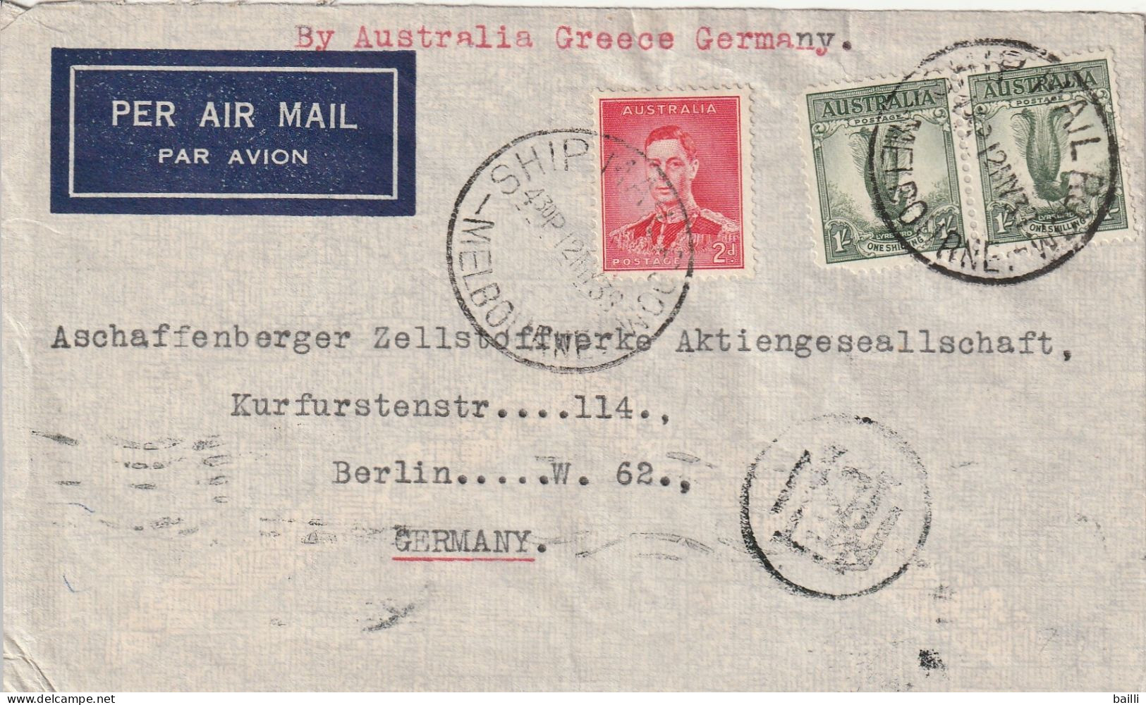 Australie Lettre Pour L'Allemagne Via La Grèce 1938 - Lettres & Documents