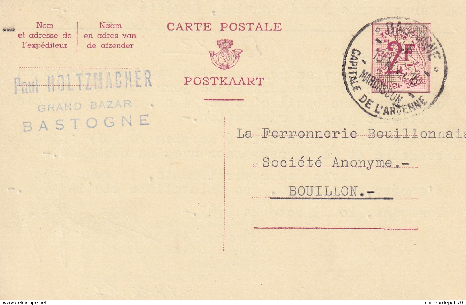 1961 PAUL HOLTZMACHER GRAND BAZAR BASTOGNE FERRONNERIE BOUILLON - Lettres & Documents