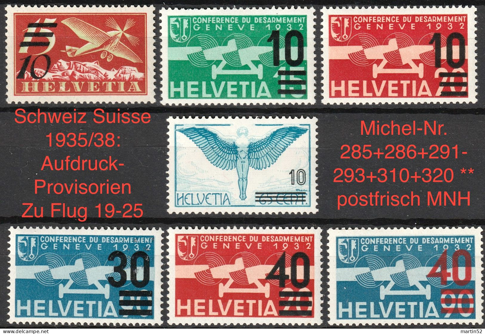 Schweiz Suisse 1935/38: Aufdruck-Provisorien Zu Flug 19-25 Mi 285+286+291-293+310+320 ** Postfrisch MNH (Zu CHF 50.00) - Nuovi