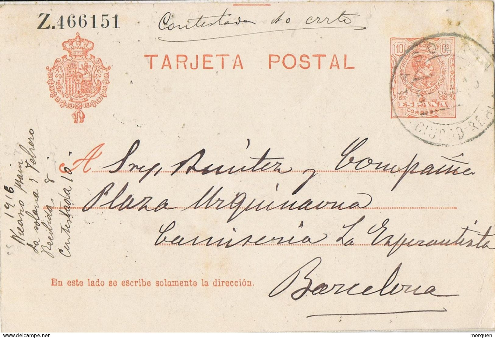 54161. Entero Postal LA SOLANA (Ciudad Real)  1916, Alfonso XIII Medallon - 1850-1931