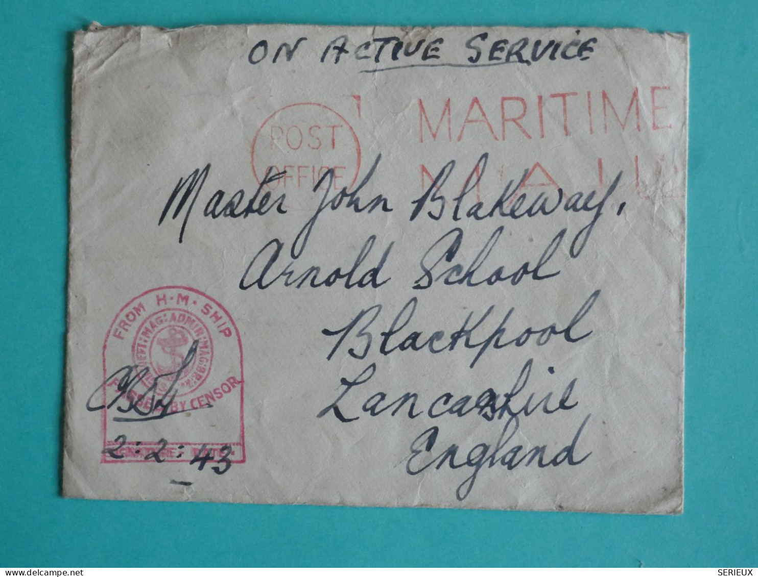 DJ 20 ENGLAND  GREAT LETTER  SEAPOST CENSORED   1943 +TO BLACKPOOL+AFF. PLEASANT+++ - Storia Postale