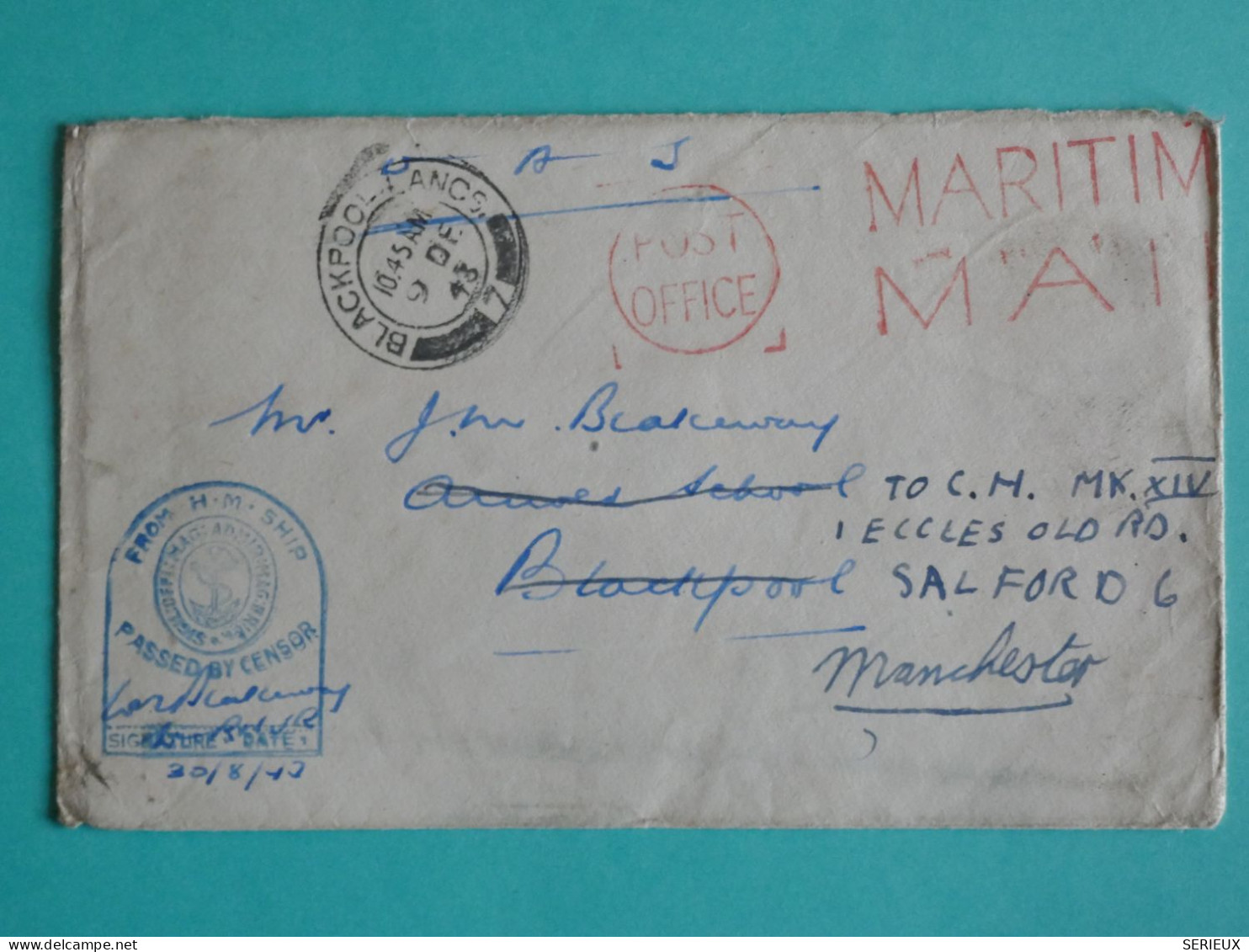 DJ 20 ENGLAND  GREAT LETTER  SEAPOST CENSORED   1943 +TO BLACKPOOL RED. MANCHESTER +AFF. PLEASANT+++ - Storia Postale