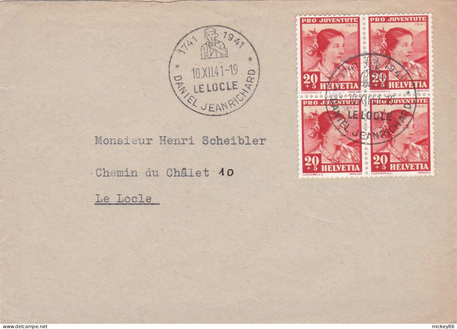 Suisse-- 1941--Lettre  De LE  LOCLE Pour LE LOCLE --bloc De 4 PRO JUVENTUD 20 +5 --Superbe Cachet DANIELJEANRICHARD - Storia Postale