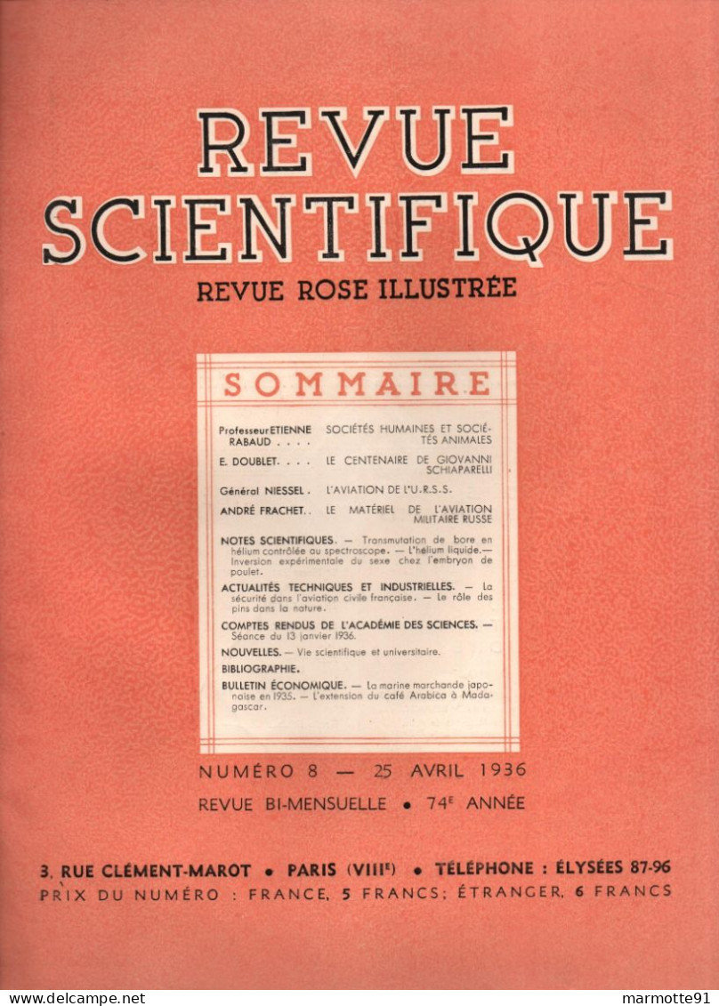 REVUE SCIENTIFIQUE 1936 AVIATION URSS MATERIEL MILITAIRE AVION RUSSIE ARMEE ROUGE - Avión