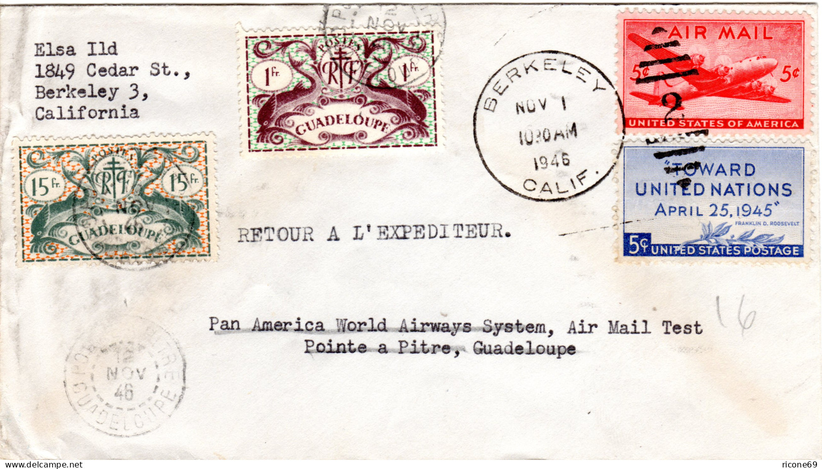 Guadeloupe 1946, 1+15 Fr. Nachsende Frankatur Auf US Brief V. Berkely M. 2x5 C.  - Otros & Sin Clasificación