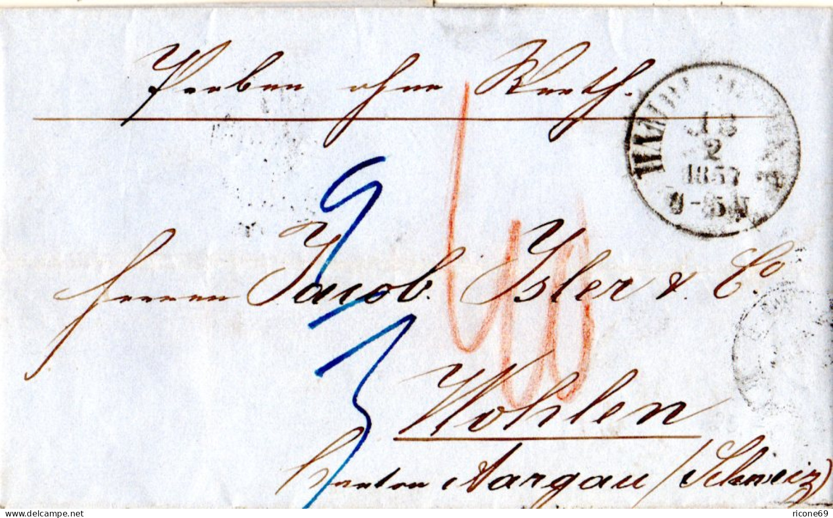 Hamburg 1857, K1 HAMBURG TH&T Auf Porto Brief Muster Ohne Wert In Die Schweiz.  - Hamburg