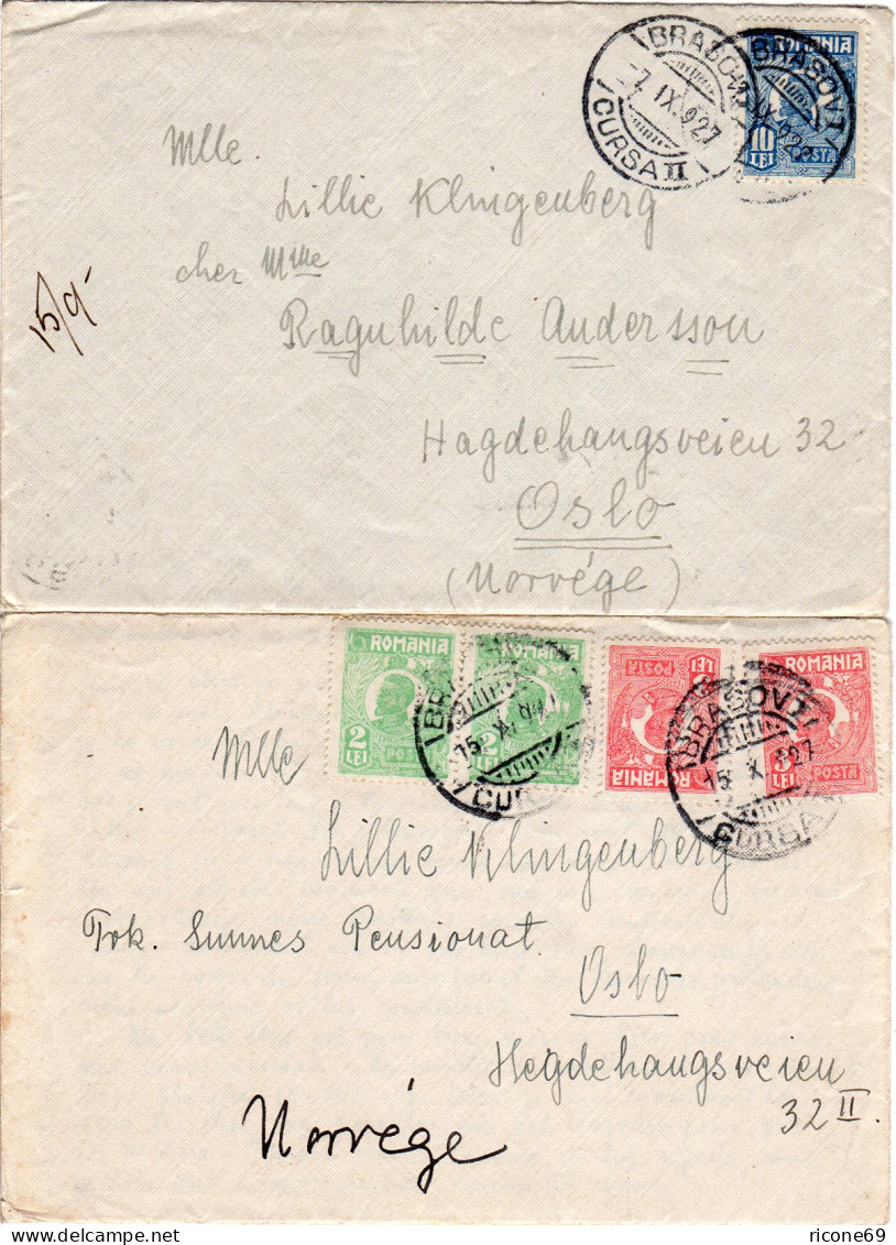 Rumänien 1927, 2 Briefe V. BRASOV N. Norwegen. - Autres & Non Classés