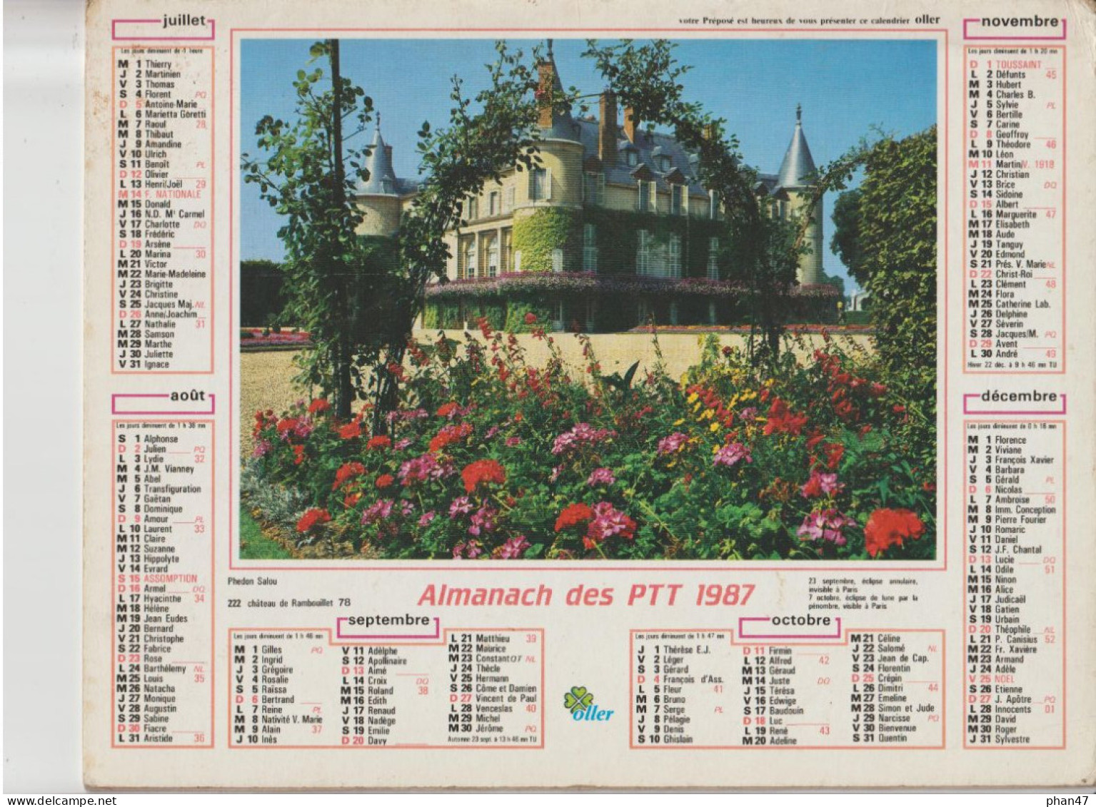 Almanach Du Facteur 1987, TRIANON, Château De VERSAILLES / Château De RAMBOUILLET,  OLLER - Big : 1981-90