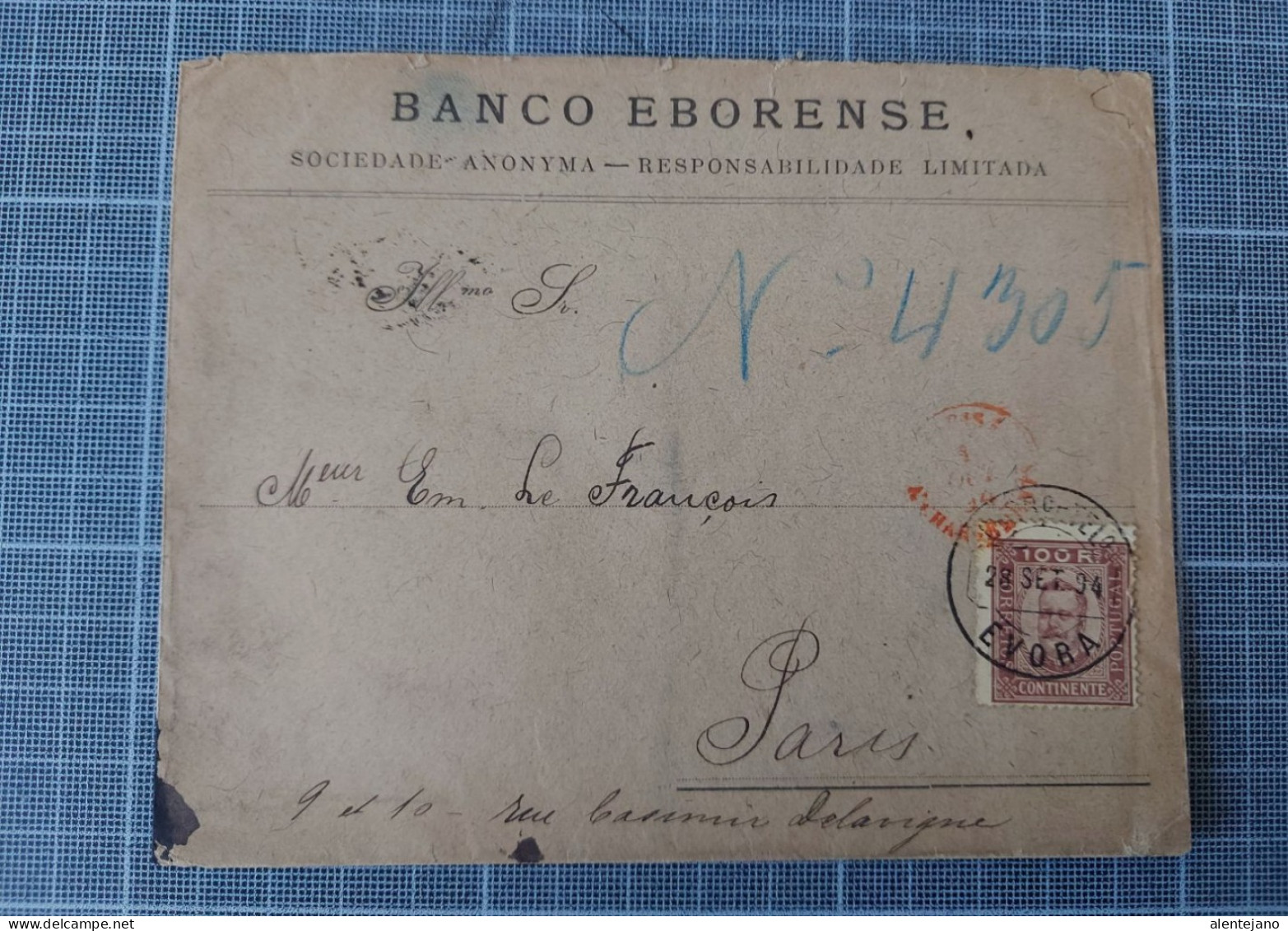 Portugal, Banco Eborense Enveloppe Circulée De Evora à Paris, En 1894 - Lettres & Documents