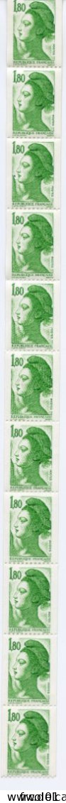 France, Yvert, Roulette N° 86**, 11 Timbres, Neuf, Liberté 1,80f, Vert, Non Plié, Luxe, MNH - Rollen