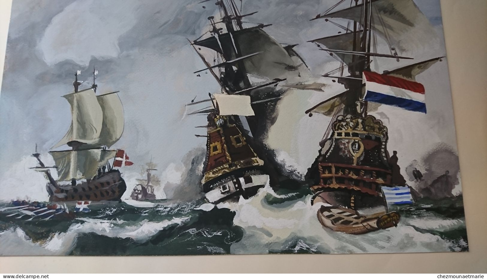 AQUARELLE ET PEINTURE COMBAT DU TEXEL D APRES EUGENE ISABEY Signé H. PIN? - Acuarelas