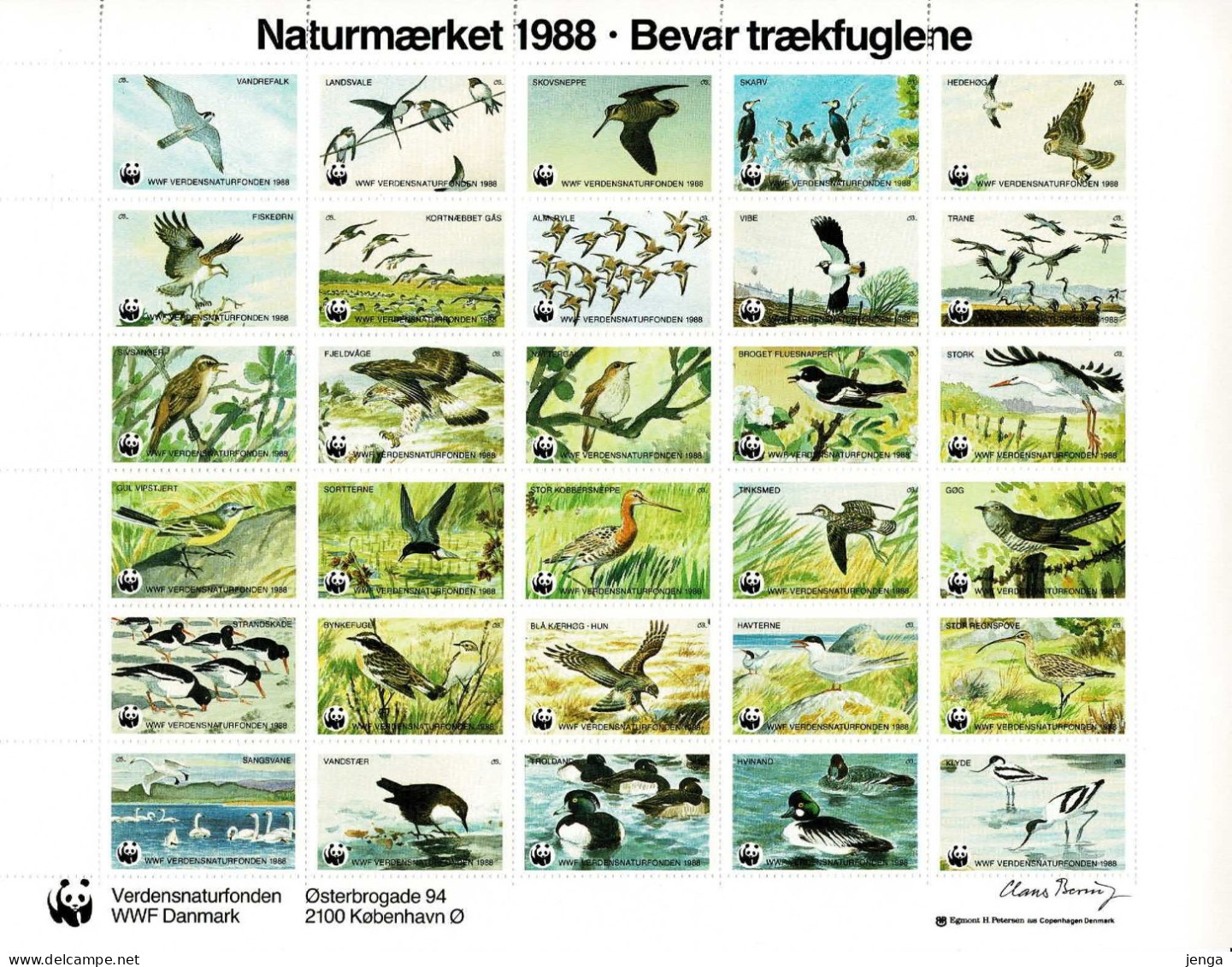 Denmark WWF 1988.  Sheet With 30 Labels;  Preserve The Migrating Birds,  MNH(**). - Otros & Sin Clasificación