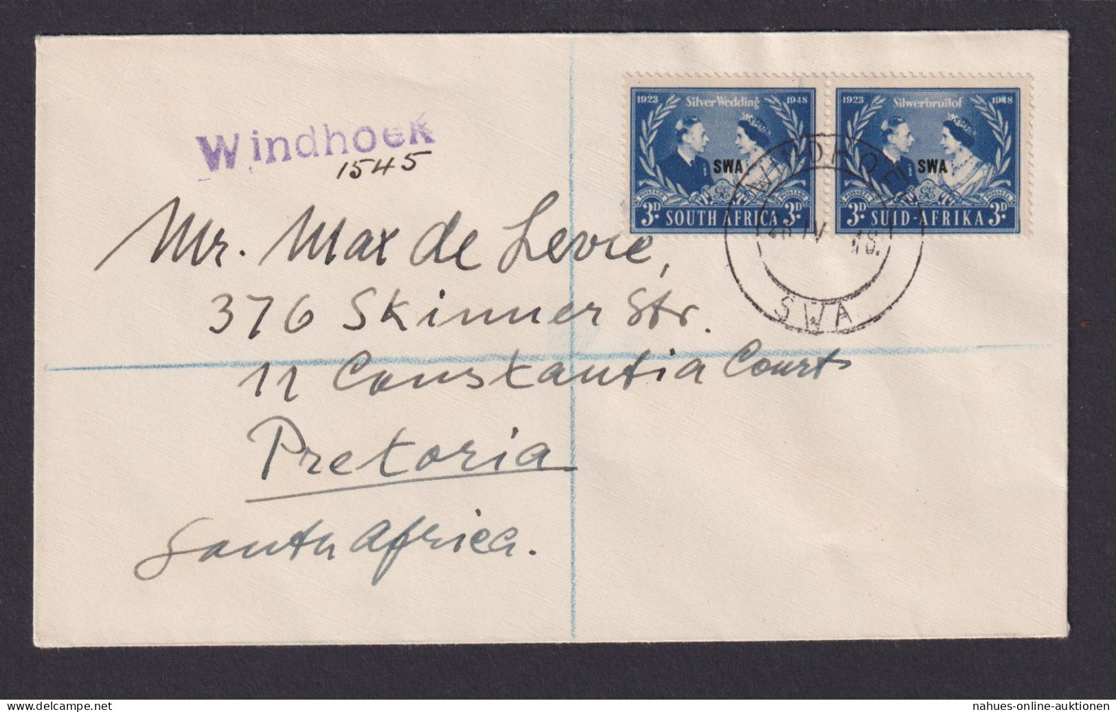 Südafrika Brief Silberhochzeit George VI + Elisabeth Viol. L1 Windhoek 1948 - Storia Postale