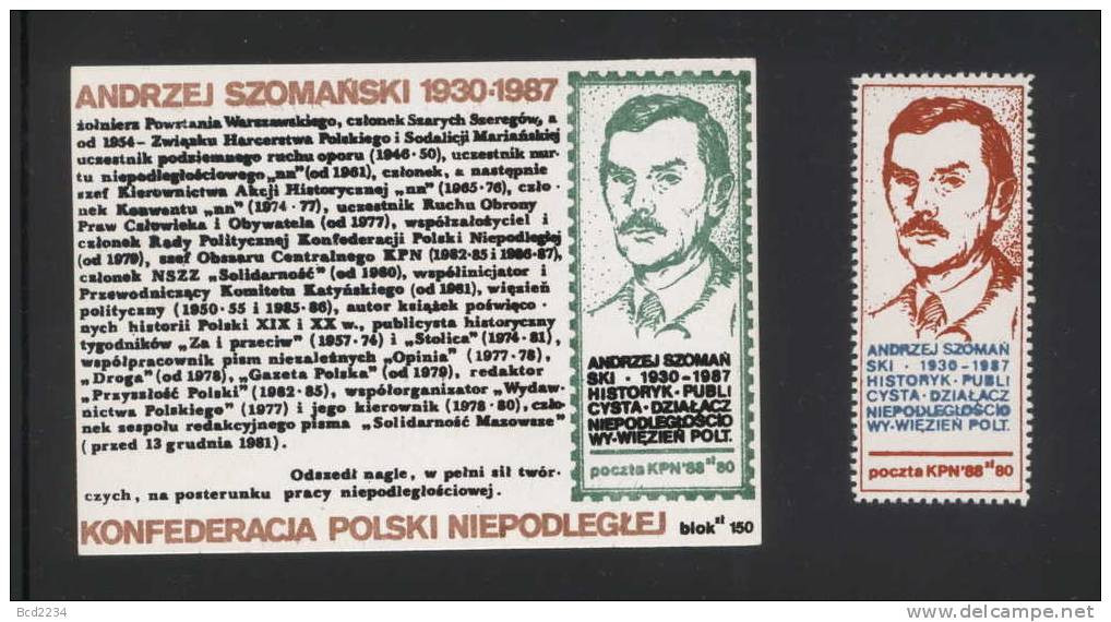 POLAND SOLIDARNOSC 1987 KPN ANDRZEJ SZOMANSKI MS + STAMP  (SOLID 0022/0465) - Vignettes Solidarnosc