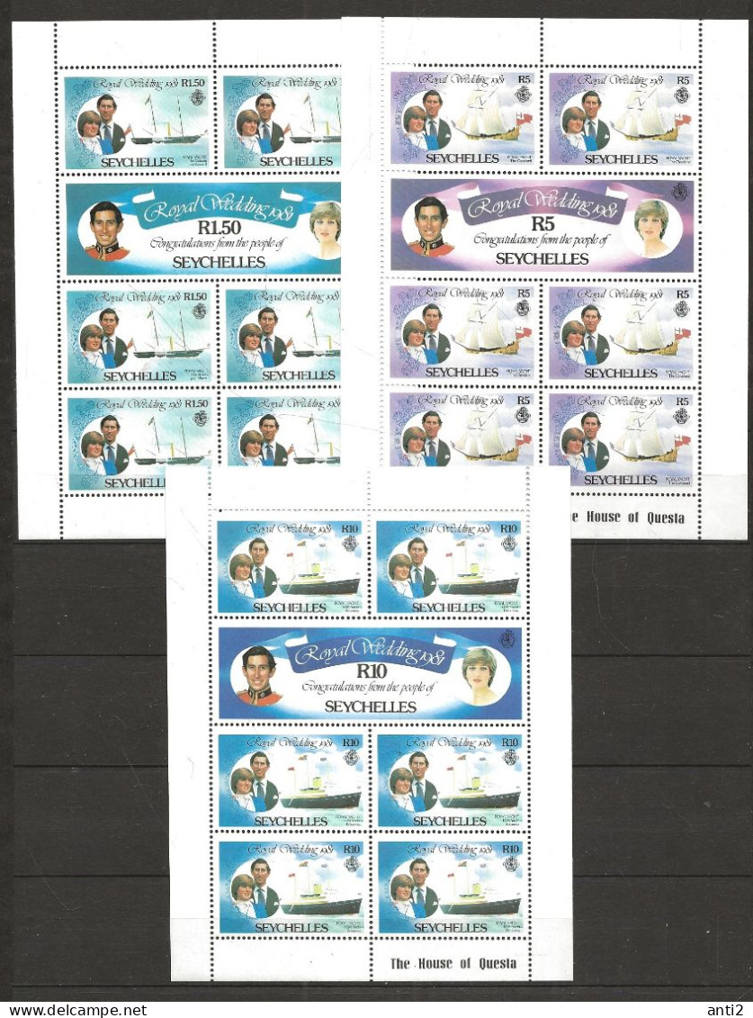 Seychelles Zil Eloigne Sesel 1981  Royal Wedding,  Prinz Charles & Lady Diana Spencer., Mi 23-28  Thre Sheets   MNH(**) - Seychelles (1976-...)