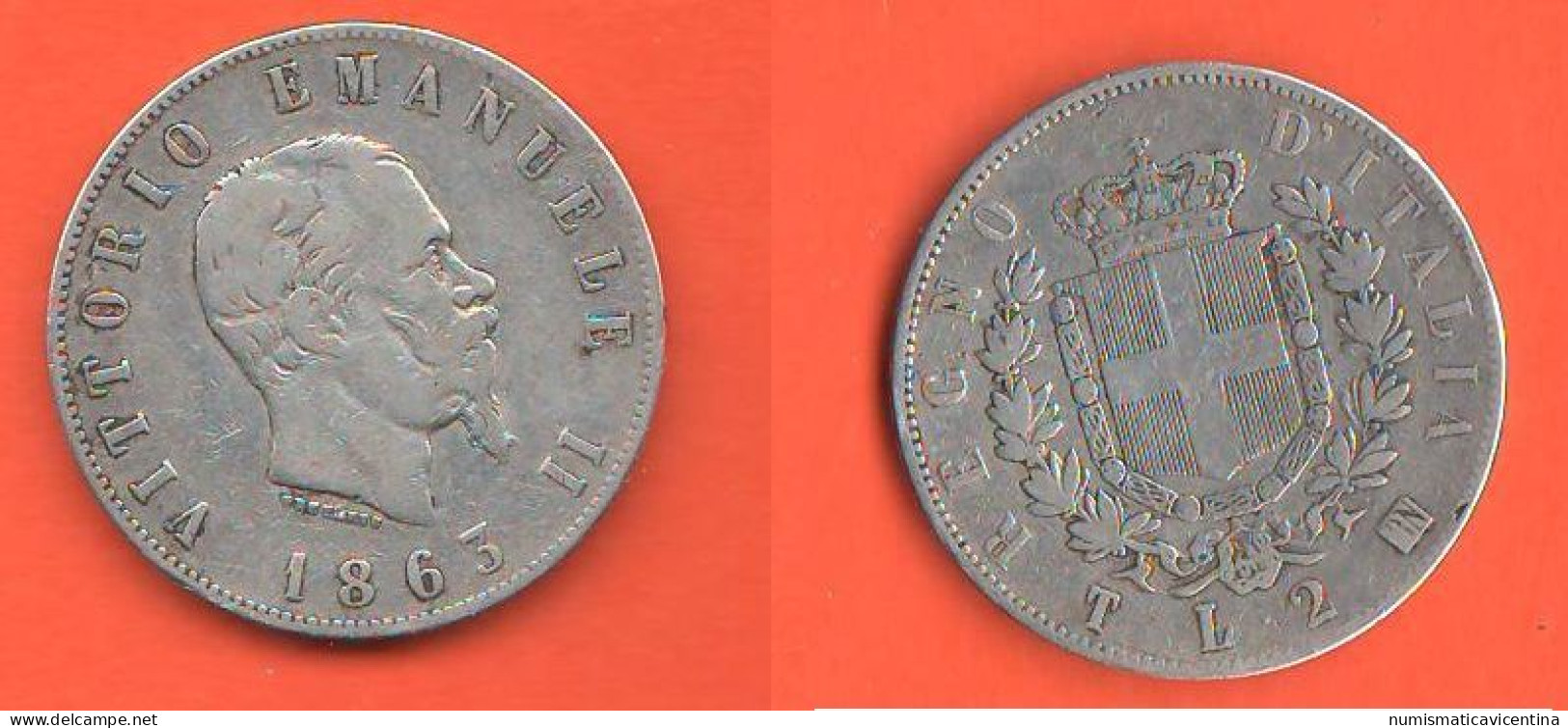 Italia 2 Lire 1863 Torino Italia Regno King Vic. Emanuele II° Italie Italy        ∇  22 - 1861-1878 : Victor Emmanuel II.