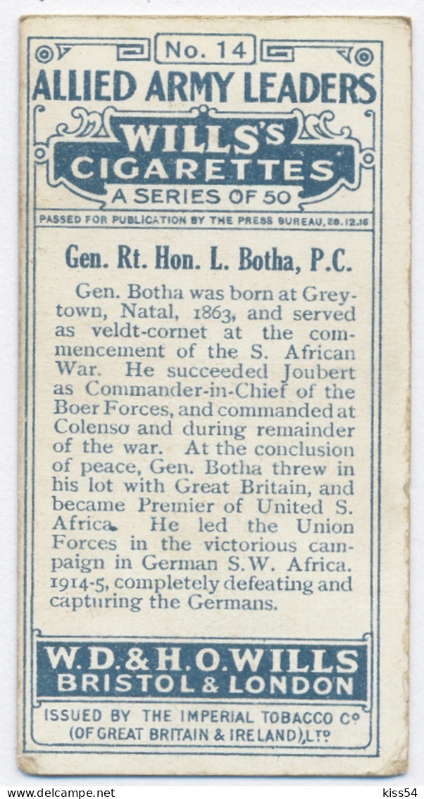 CT 9 - 14 SOUTH AFRICA, Gen. Rt. Hon. Louis Botha, Allied Army Leader - Old Wills's Cigarettes - 68/35 Mm - Wills