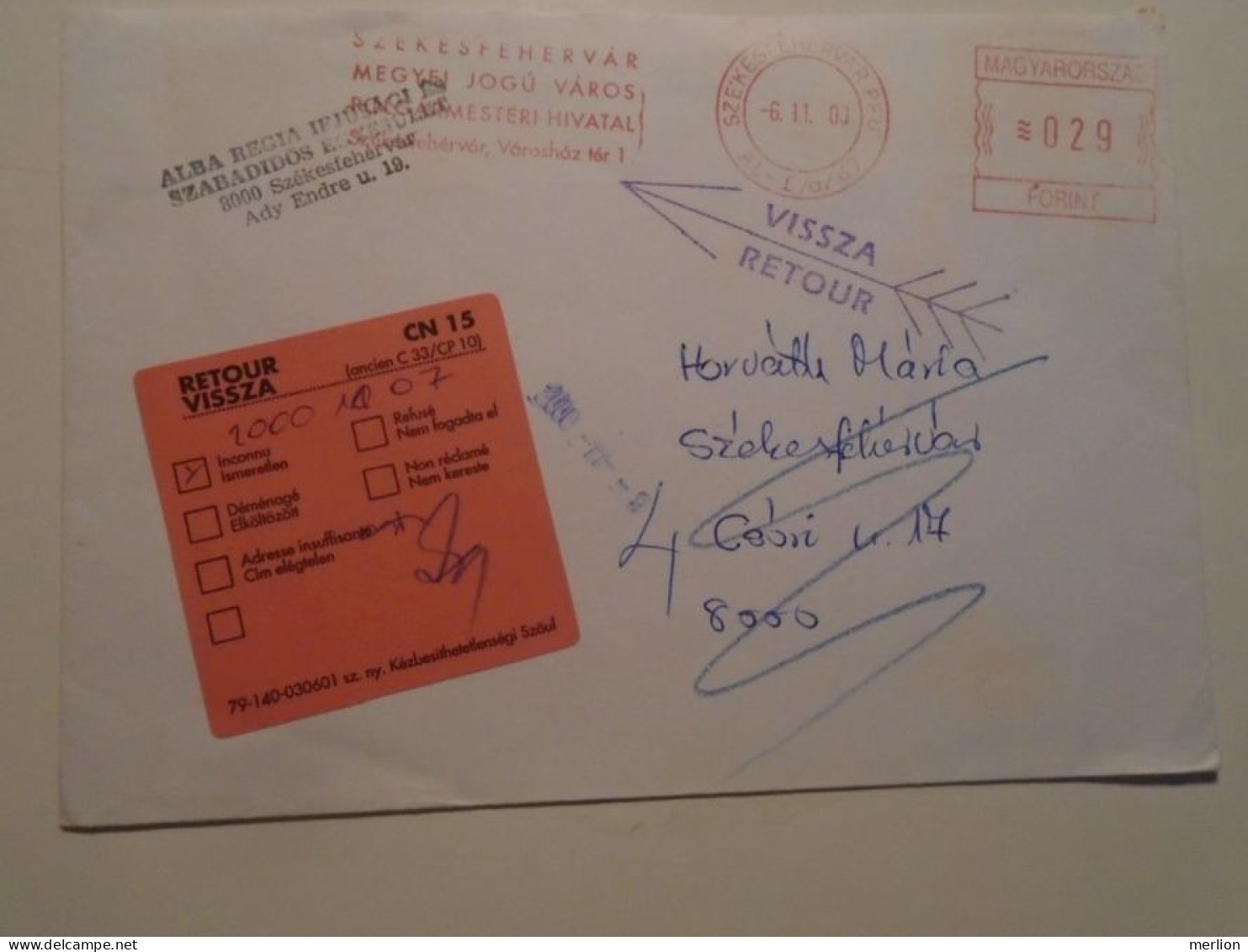 D201462    Hungary  Cover -2000  Székesfehérvár- EMA  Red Meter  -Freistempel - Retour Zurück Return To Sender - Inconnu - Viñetas De Franqueo [ATM]